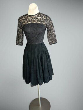 L'Aiglon Vintage 50s Dress Black Lace Yoke Organza Chiffon Cocktail